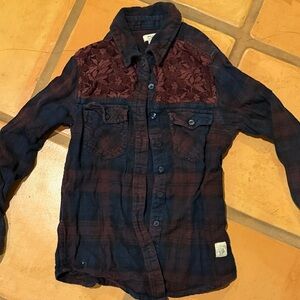 Girls Silver Brand Plaid Button-Up Shirt with Lace Detail